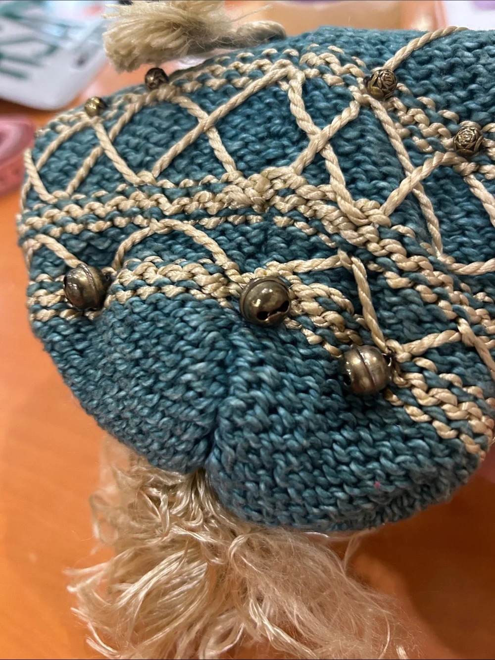 Teal and Cream Handwoven Tassel Wristlet Bag